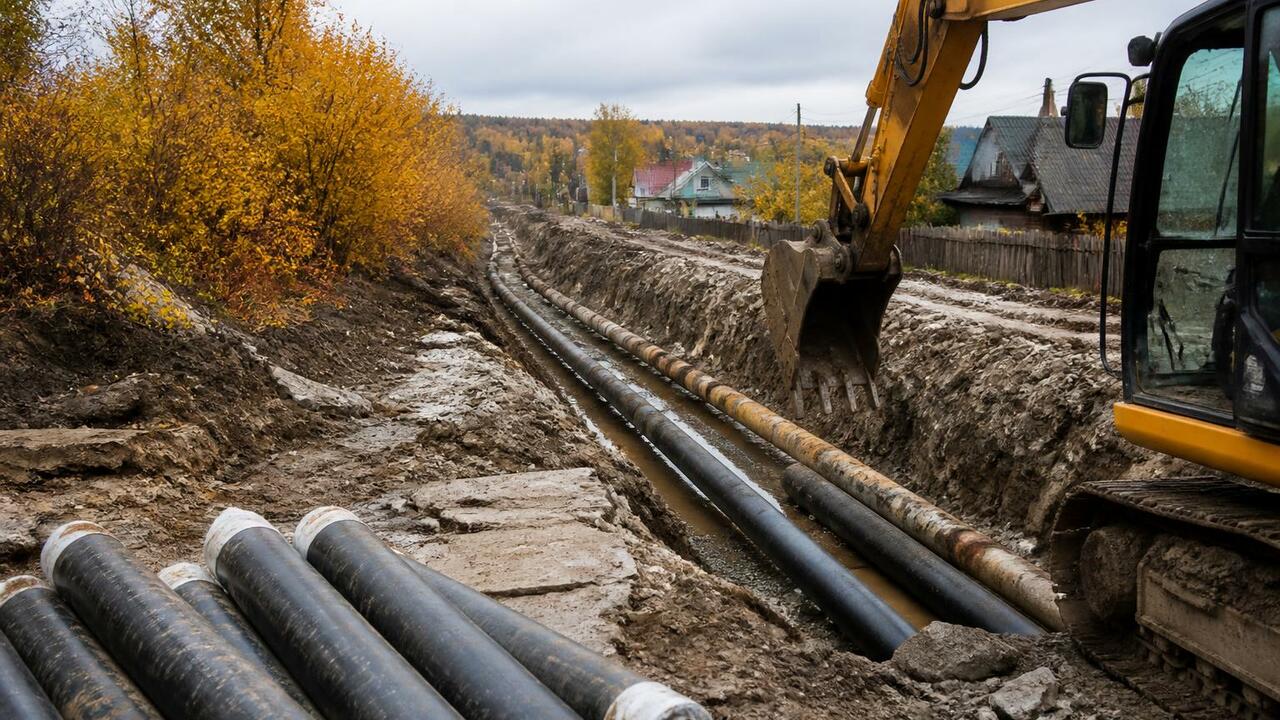 В Мезени продолжается строительство теплотрассы...
