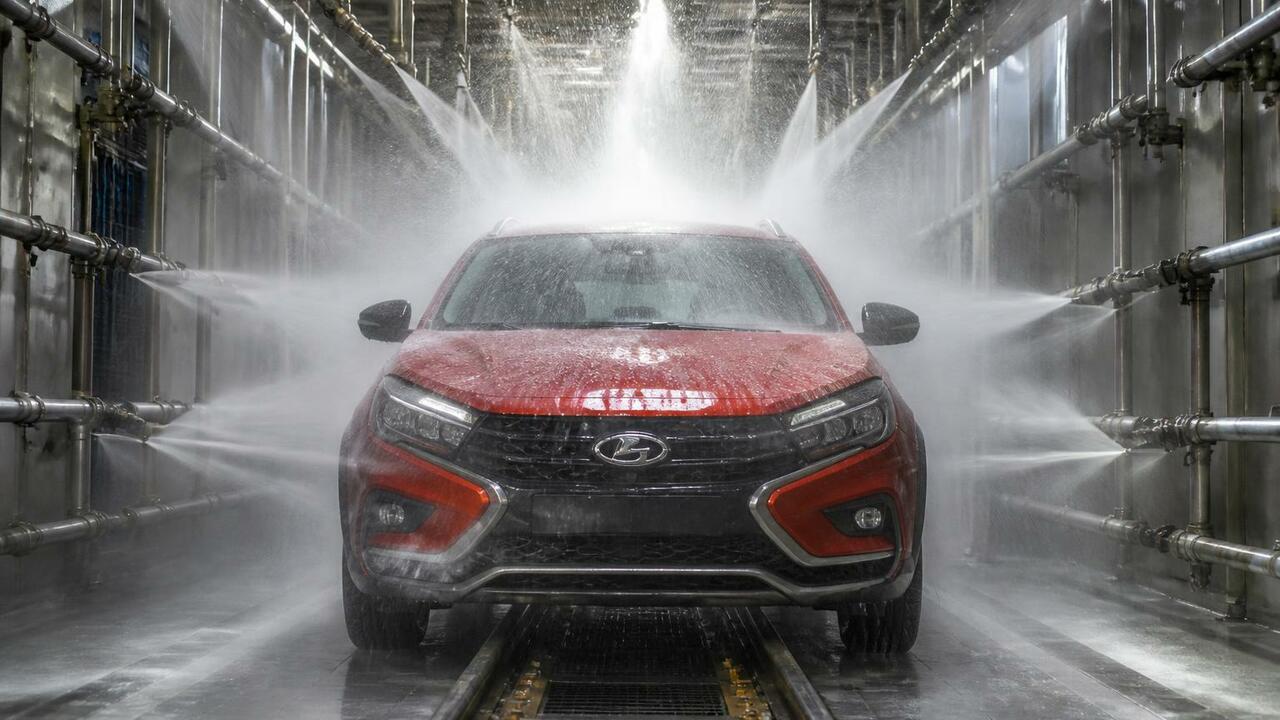 Новые LADA проходят испытание в дождевальной ка...